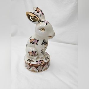 Porcelain Easter Bunny Rabbit Figurine Painted Flowers & Gold